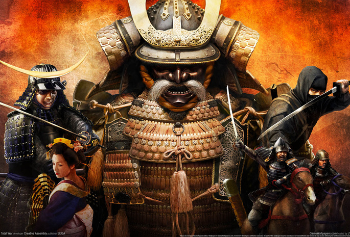 самурай, девушка, обои, Shogun total war, желтый фон, всадник, ниндзя, wide wall, япония, в маске, меч, воины, катана, рога
