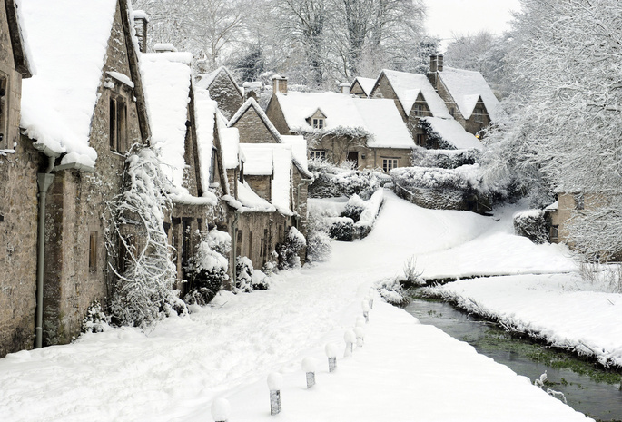 снег, англия, деревушка, Bibury, зима
