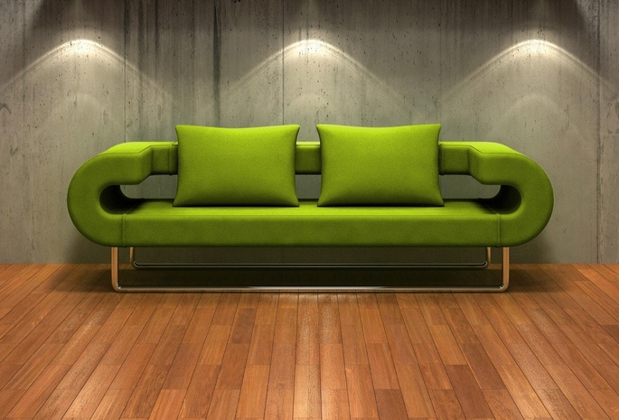 зеленый, паркет, 3d, диван, стена, подсветка