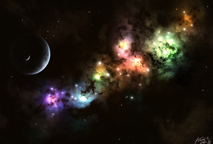 звезды, планета, луна, свет, Nebula
