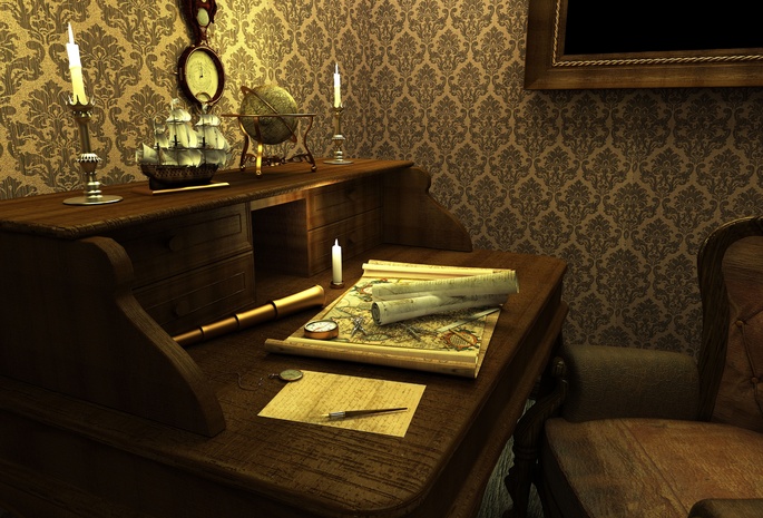 комната путешественника, Voyage map, vintage letters, свечи, стол