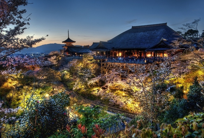 дом самураев, вечер, лес, киото, сакура, дом, Япония