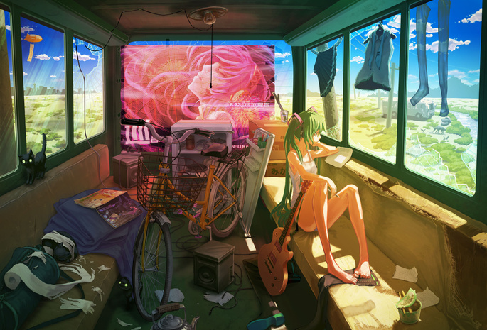 одежда, девушка, Hatsune miku, гитара, велосипед, vocaloid