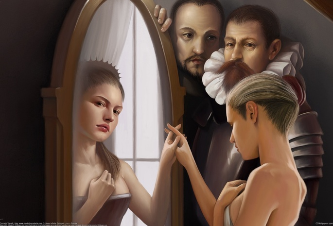 девушки, магия, Corrado vanelli, отражение, мужчины, зеркало