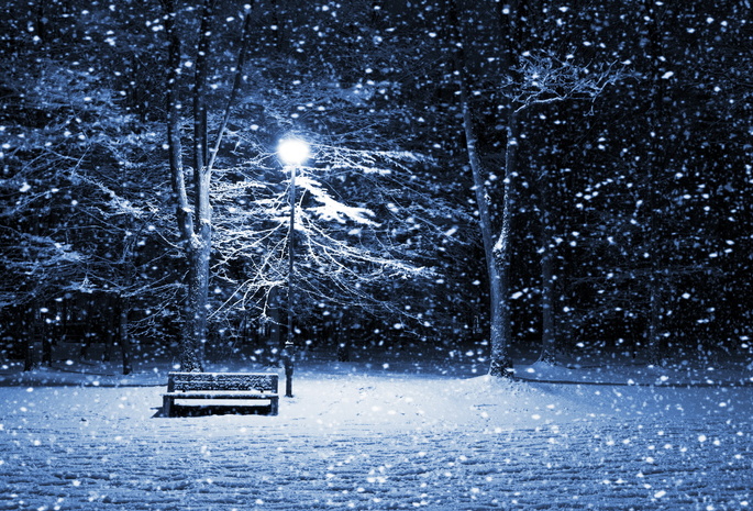 снегопад, романтика, скамейка, фонарь, сквер, метель