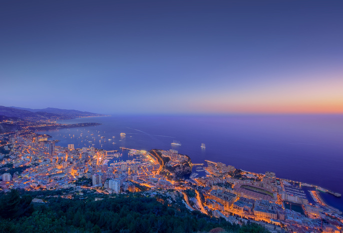 море, закат, Monaco, здания, корабли, огни, побережье