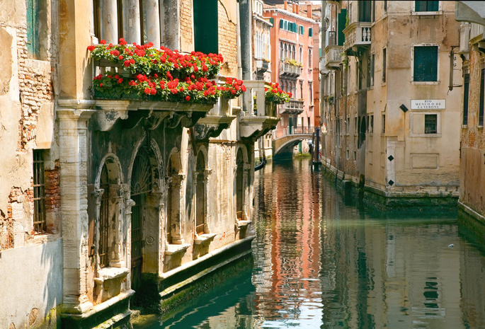 вода, Италия, улица, цветы, балкон