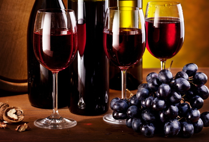 орех, бутылки, виноград, бокалы, Вино, кисть, гроздь
