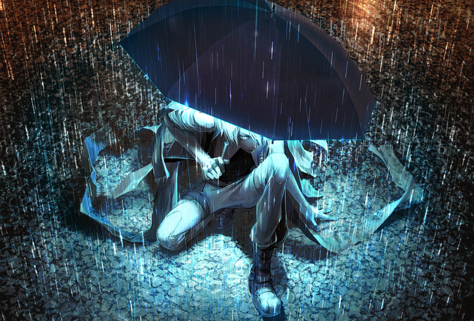 свет, парень, дождь, yuanmaru, лужи, зонт, ночь, зонтик, Арт
