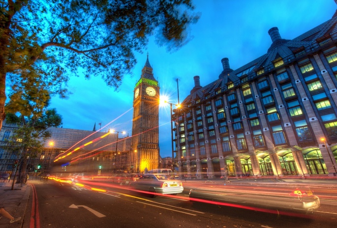 london, огни, дорога, лондон, Big ben at dusk, ночь