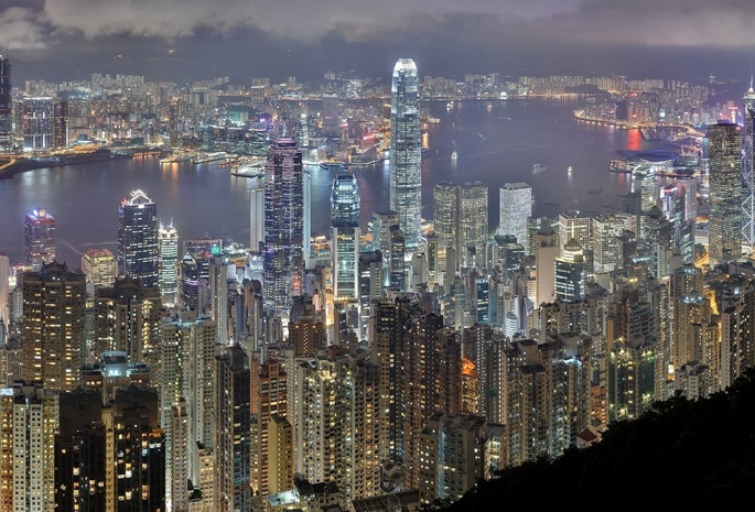 ночь, Гонконг, здания, небоскребы