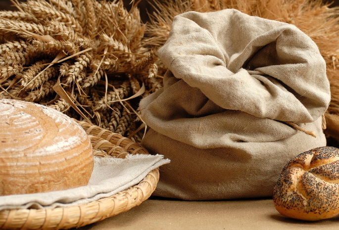 булочка, булка, Хлеб, пшеница, с маком, мешок, колосья