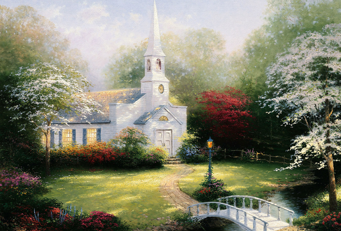 bridge, томас кинкейд, paintig, thomas kinkade, Hometown chapel, lamp, chapel