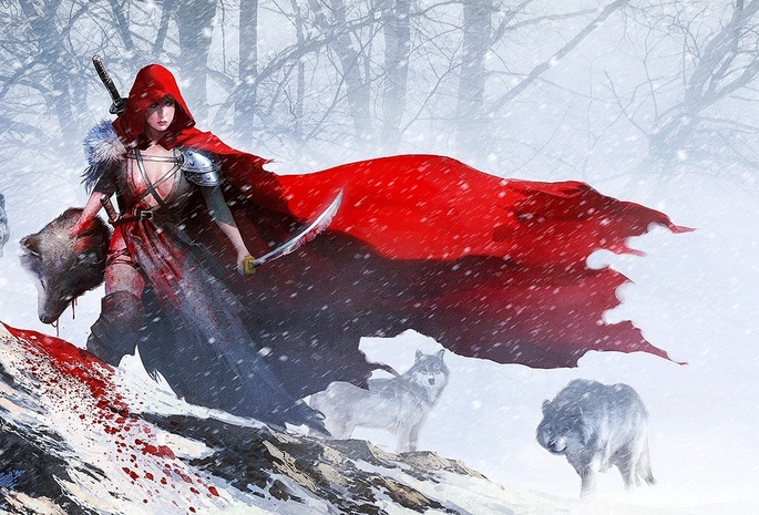 снег, красная шапочка, Арт, red riding hood, волки, девушка