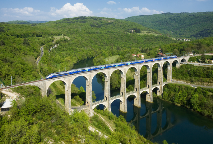 лес, поезд, река, Мост, франция, cize-bolozon viaduct
