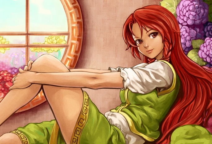 девушка, touhou, цветы, Арт, shiba murashouji, рыжая, hong meiling