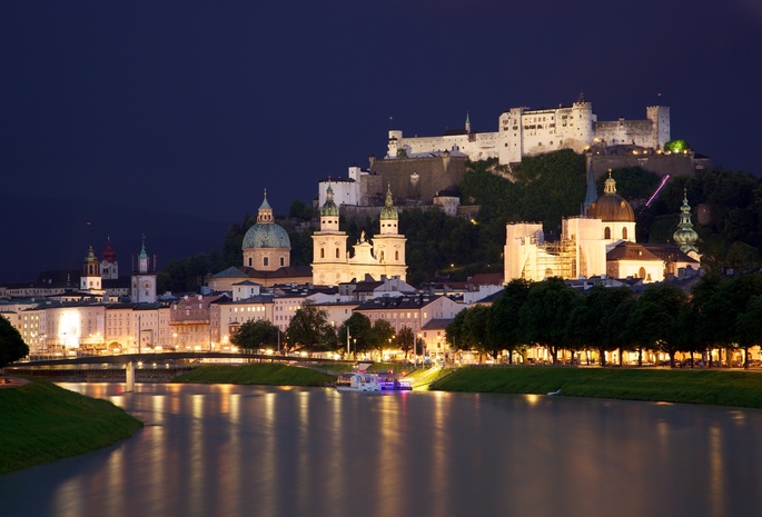 austria, Salzburg, castle, town, австрия, chapels, сity, houses, salzach, river