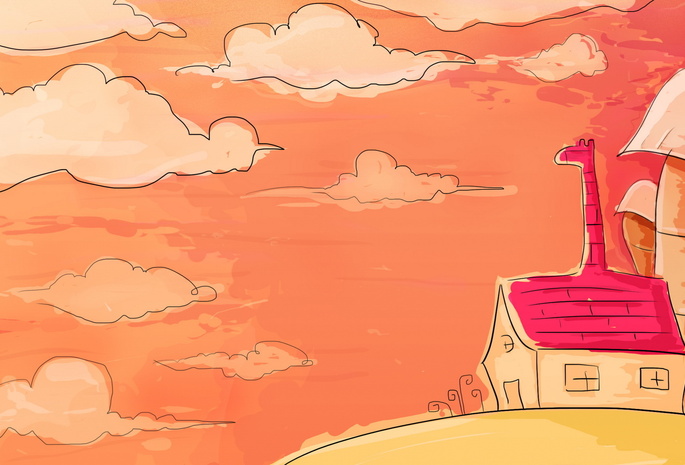 облака, жираф, Дом, розовый, оранжевый