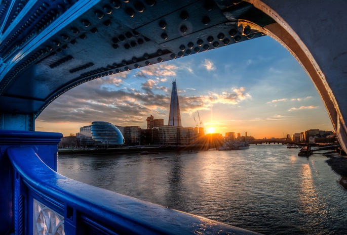London, England, The Shard, City Hall, Bridge, Thames, River, Sunset