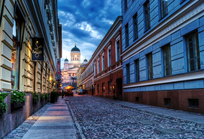 City, Helsinki, Finland, Cathedral, Sunset, Street, Road, Coblestone