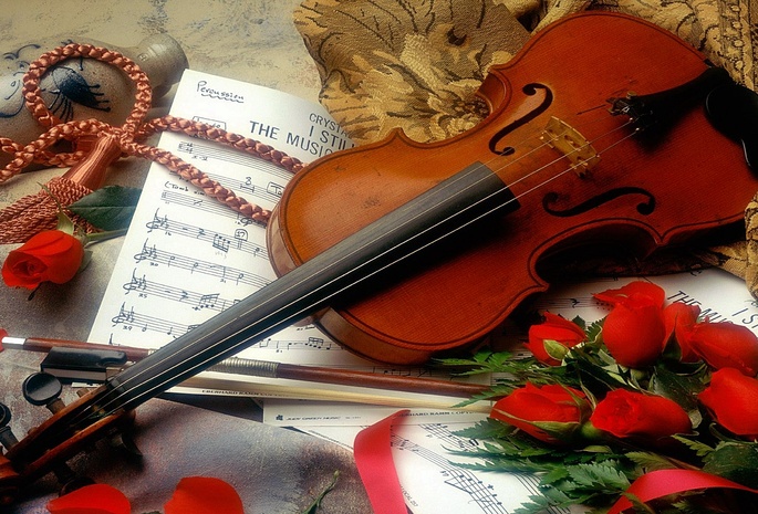 Violin, Roses, Petals, Sheet Music