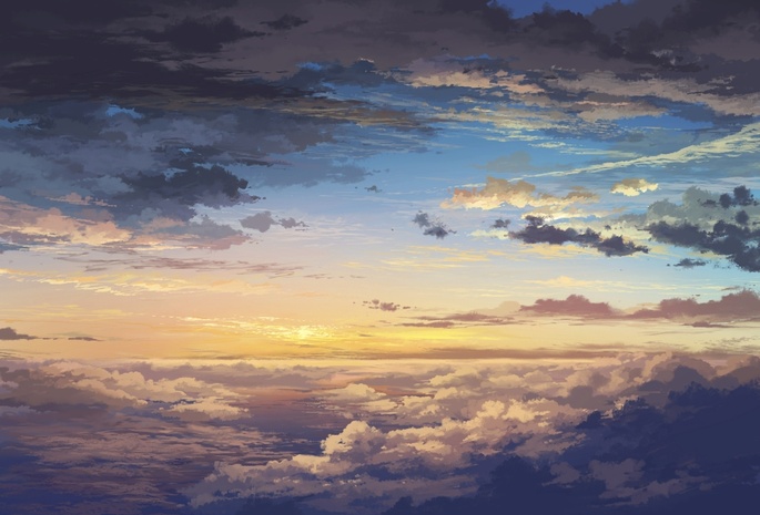 небо, высота, пейзаж, облака, Арт, тучи, juuyonkou, закат
