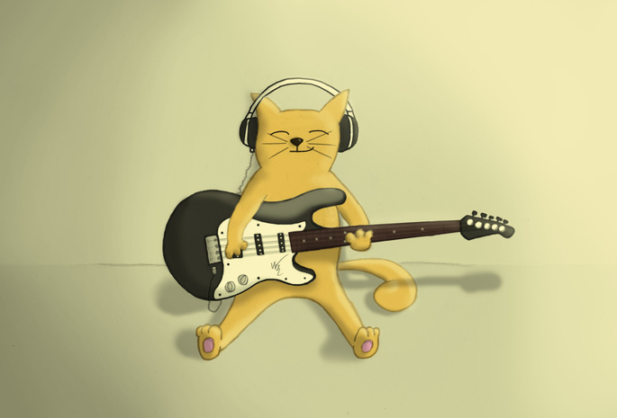 Кот, ухмылка, наушники, играет, гитара