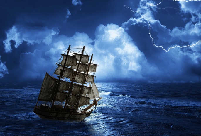 creepy, , landscape, night, clouds, sea, nature, корабль-призрак, thunder, Ghost ship