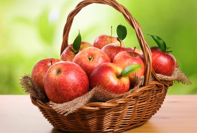 Яблоки, корзина, фрукты, стол, красные