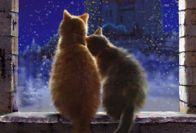 подоконник, окно, зима, кошки, снег, пара, Арт, любовь