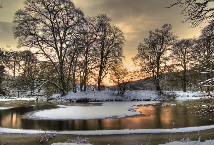 sunset, landscape, colors, sky, winter, ice, snow, view, clouds, tree, season, scenery, hdr, Nature