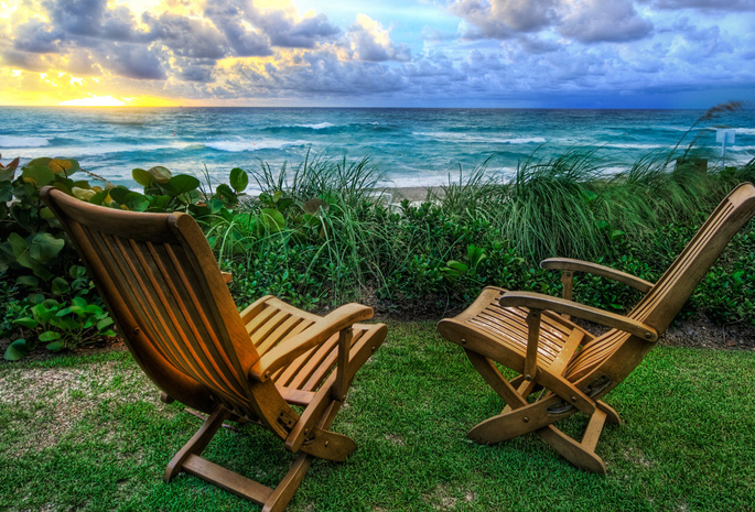 берег, пляж, море, трава, кресла, зелень, отдых