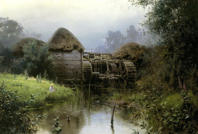 мельница, Поленов, пейзаж, пруд