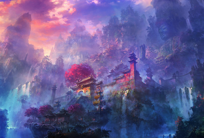 рассвет, статуя, храм, водопад, Горы, туман