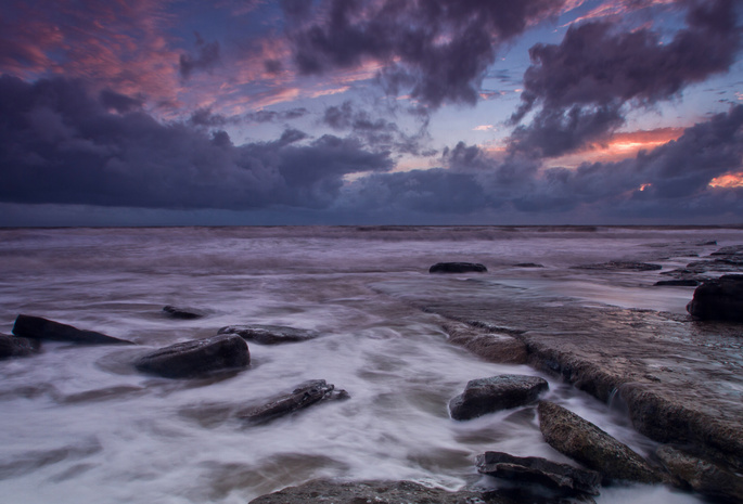 камни, берег, море, Великобритания, уэльс, вечер, закат