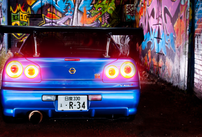 скайлайн, Nissan, blue, граффити, фары, синий, skyline, ниссан, r34