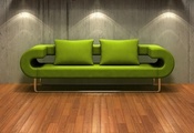 зеленый, паркет, 3d, диван, стена, подсветка