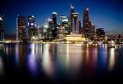 небоскребы, город, ночной, мегаполис, огни, Сингапур