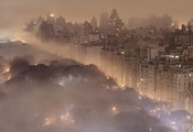 central park, центральный парк, здания, огни, город, туман, new york, ночь, ...