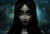 Alice, зеленые глаза, returns, взгляд, черные волосы, madness