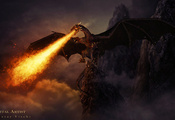 The dragon of hell, огонь, скалы, дракон