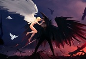 меч, птицы, кровь, вороны, Ангел, голуби, крылья, демон