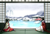 G yuusuke, мост, зима, девушки, снег, пруд, game, кимоно