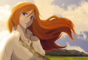 inoue orihime, bleach, небо, Аниме, горы, art