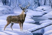 deer, november snow, forest, олень, creek, snow, winter, animal, painting,  ...