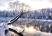зима, frozen forest, nature landscape, branch, Winter river, wonderland, co ...