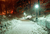 парк, вечер, фонарь, снег, здания, тротуар, Город, свет