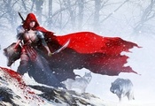 снег, красная шапочка, Арт, red riding hood, волки, девушка