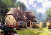 summer, томас кинкейд, Cottage in the forest, thomas kinkade, painting, cot ...
