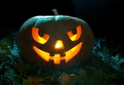 оскал, тыква, свечи, листья, хэллоуин, Halloween, ночь